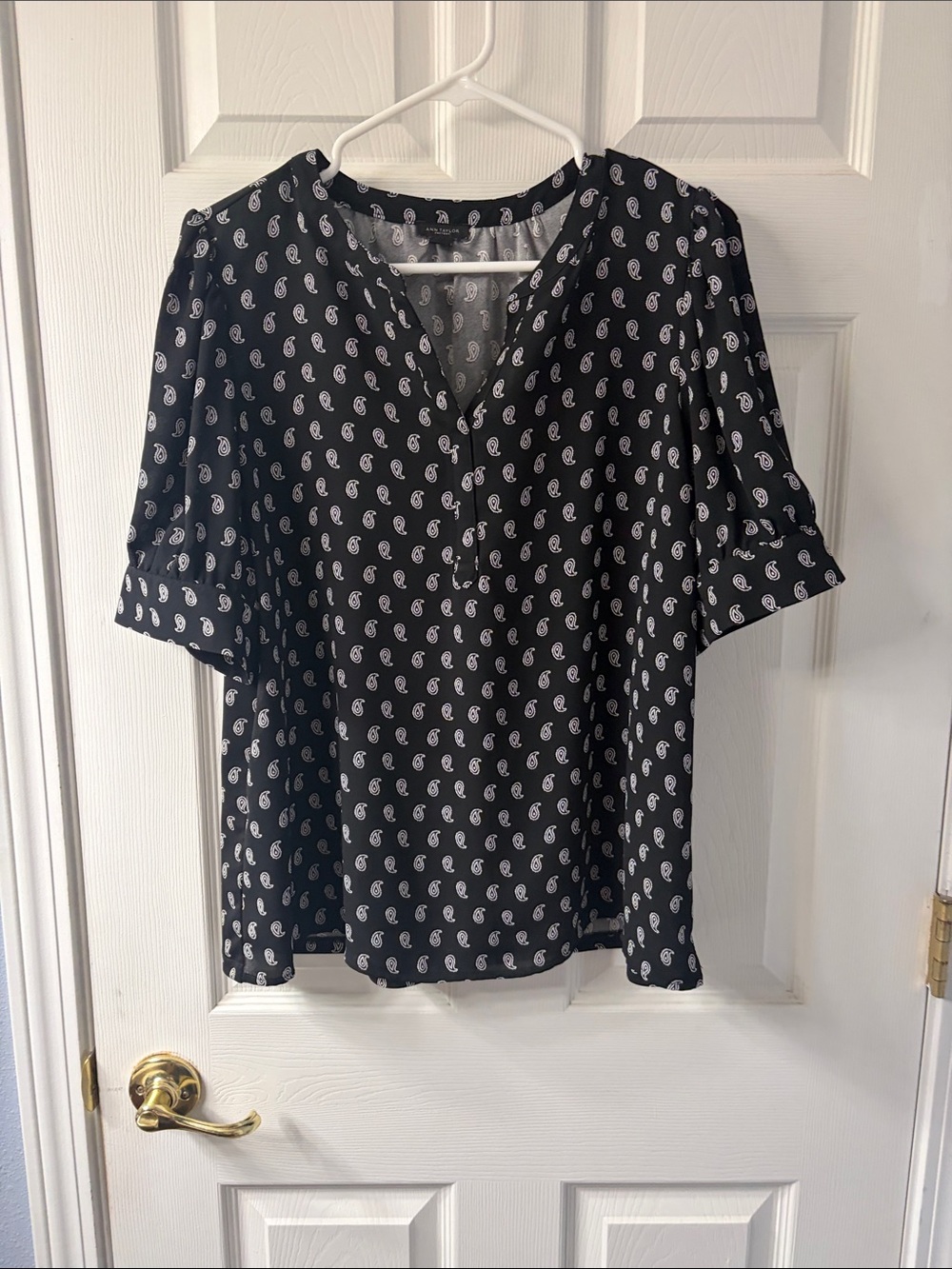 Ann Taylor Black Paisley-Print Notch V-Neck Blouse